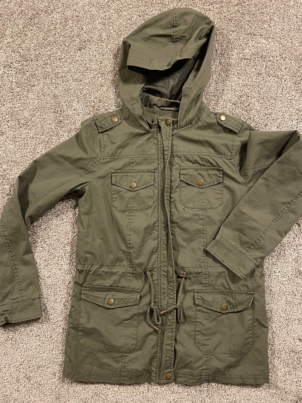 Women’s Olive Green Utility Field Jacket Hooded Military Cargo Drawstring Sz S